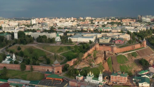 Нижний Новгород. Исторический центр города, набережная. Вид с воздуха.